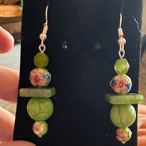 Hand Crafted Green and Pink Cloisonné and Stone Beaded Earrings